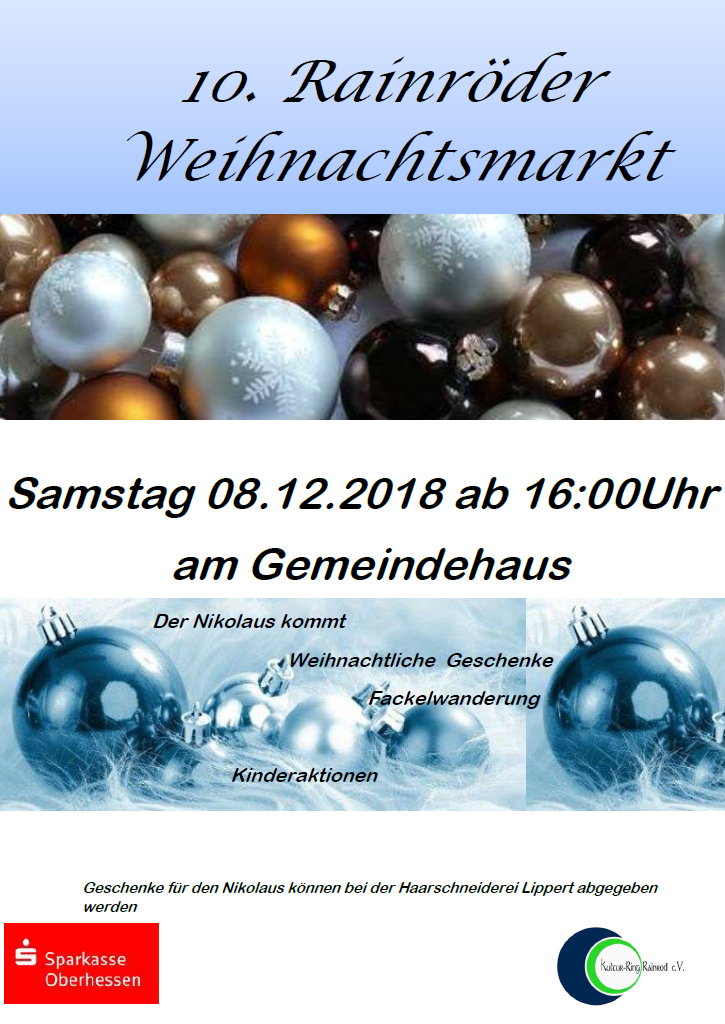 Weinachtsmarkt in Rainrod 08.12.2018 ab 16 Uhr am Gemeindehaus